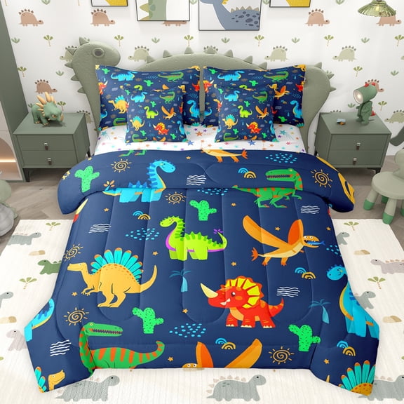 jejeloiu Colorful Dinosaur Dino 7-Piece Twin Bedding Sets,Cartoon Animal Bedding Comforter Set,Abstract Green Cactus Sheet Sets For Boys,Ultra Soft Home Decor Reversible