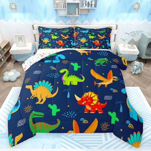 jejeloiu Colorful Dinosaur Dino Bedding Comforter Set,Cartoon Animal Twin Comforter Sets,Abstract Green Cactus Bedding Set For Boys,Ultra Soft Home Decor Reversible,2-Piece