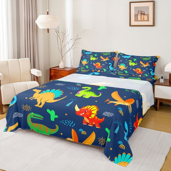 jejeloiu Colorful Dinosaur Dino Twin Sheet Sets,Cartoon Animal Twin Fitted Sheet,Abstract Green Cactus Flat Sheet For Boys,Ultra Soft Home Decor,3-Piece