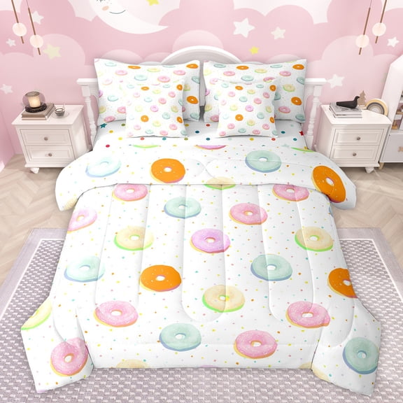 jejeloiu Colorful Doughnut 7-Piece Bedding Comforter Set,Sweet Dessert King Bedding Sets,Rainbow Polka Dots Bed Sheets For Girls Teens,Super Cozy Room Decor Reversible