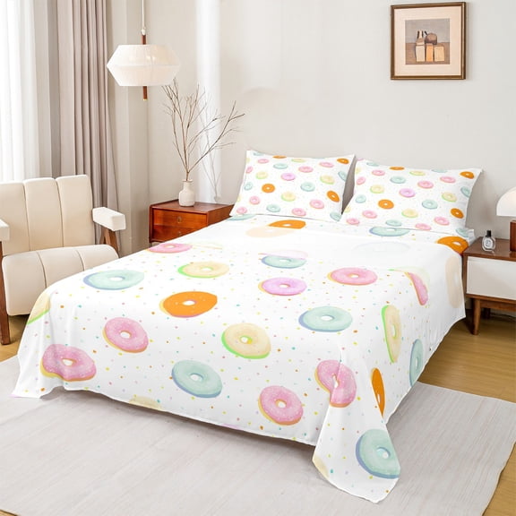 jejeloiu Colorful Doughnut Twin Sheet Sets,Sweet Dessert Twin Fitted Sheet,Rainbow Polka Dots Flat Sheet For Girls Teens,Super Cozy Room Decor,3 Pieces