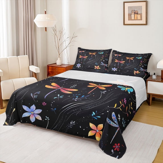 jejeloiu Colorful Dragonfly Full Size Sheets,Kawaii Flower Floral Bed Sheets For Girls Kids 4 Pieces