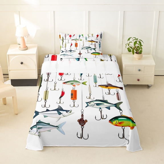 jejeloiu Colorful Fishing Twin Sheets,Tackle Print Bedding For Boys,Multicolor,3pcs,1 Fitted Sheet and 1 Pillowcase