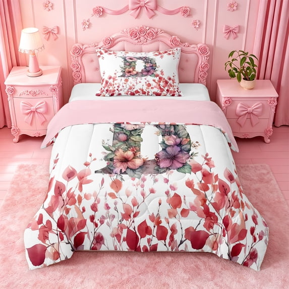 Catabedysis Colorful Floral Monogrammed Print Twin Comforter Sets For Girl,Initial Letter D Bedding Set,Pink Reversible,2pcs,1 Comforter and 1 Pillowcase