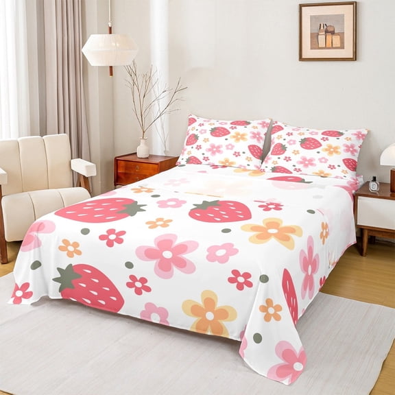 jejeloiu Colorful Flower Bed Sheets,Cute Floral King Sheets,Red Strawberry Sheet Set For Girls Kids,Ultra Soft Bedroom Decorative,4pcs