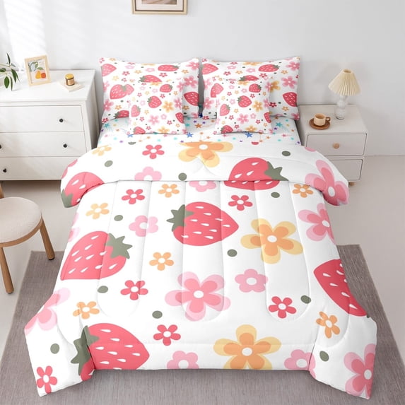 jejeloiu Colorful Flower Bedding Comforter Set,7 Pieces,Cute Floral Full Bedding Set,Red Strawberry Fitted Sheet Flat Sheet For Girls Kids,Ultra Soft Bedroom Decorative Reversible