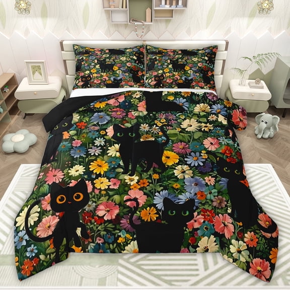 jejeloiu Colorful Flower Blossom Twin Comforter Sets,Kawaii Animals Cat Bedding Set For Girls Women Reversible 2 Pieces