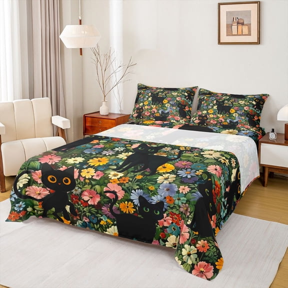 jejeloiu Colorful Flower Blossom Twin Sheet Sets,Kawaii Animals Cat Bedding For Girls Women 3 Pieces
