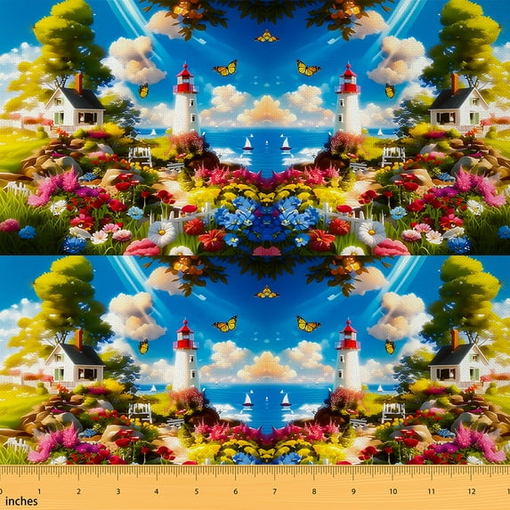 jejeloiu Colorful Flower Butterfly Fabric by the Yard 1 Yard,Western Seaside Landscape Home Decor Fabric by the Yard,Ocean Sea Lighthouse Sewing Fabric For Child,Breathable Home Decor