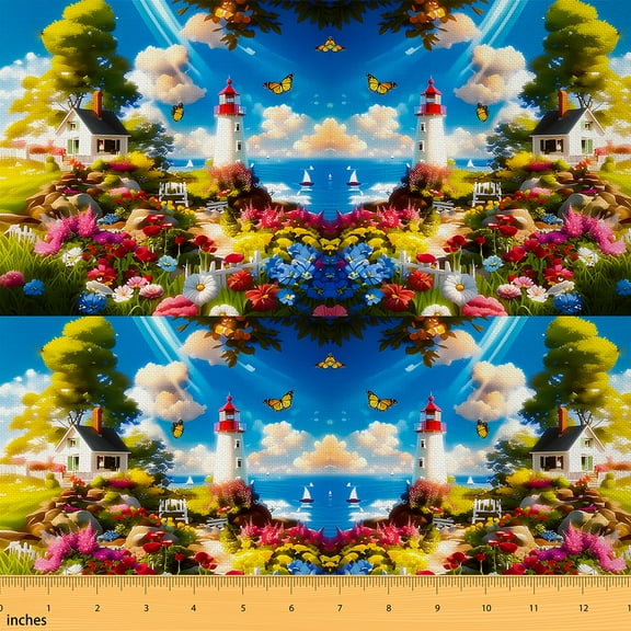 jejeloiu Colorful Flower Butterfly Fabric by the Yard 1 Yard,Western Seaside Landscape Home Decor Fabric by the Yard,Ocean Sea Lighthouse Sewing Fabric For Child,Breathable Home Decor