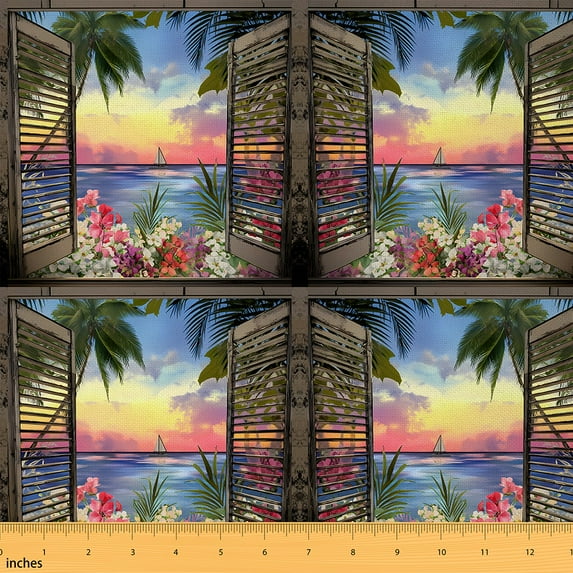jejeloiu Colorful Flower Floral Fabric by the Yard 1 Yard,Hawaii Summer Coconut Home Decor Fabric by the Yard,Ocean Sea Beach Sewing Fabric For Men Women,Super Cozy Room Decor