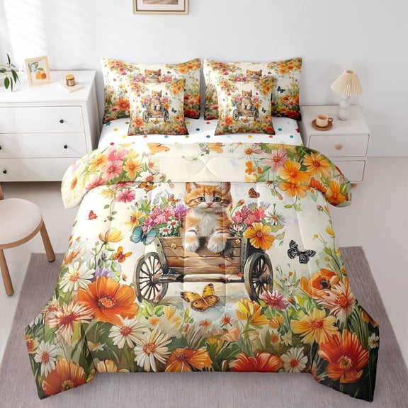 jejeloiu Colorful Flower Floral Twin Bedding Sets 7-Piece,Kawaii Kitten Bedding Comforter Set,Rustic Farmhouse Cabin Sheet Sets For Children,Breathable Home Decor Reversible