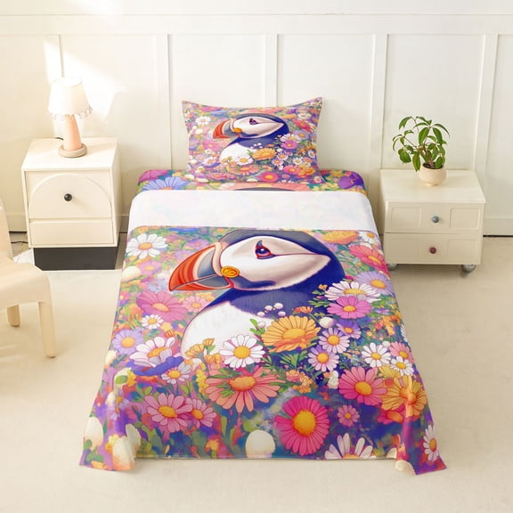 jejeloiu Colorful Flower Puffin Twin Sheet Sets Kids,Wildlife Seagull Floral Bedding For Girls,3-Piece