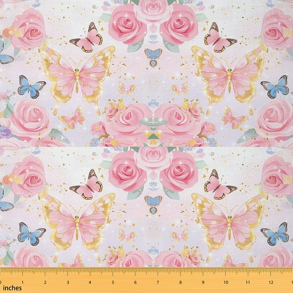 jejeloiu Colorful Flower Rose Fabric by the Yard 5 Yards,Chic Butterfly Fabric for Sewing,Romantic Valentine'S Day Home Decor Fabric by the Yard For Teens,Microfiber Bedroom Decor