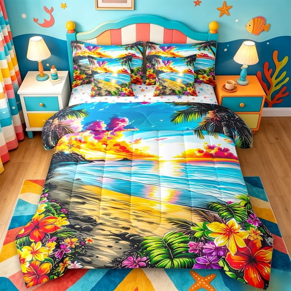jejeloiu Colorful Flowers Blossom 7 Pieces Full Size Bedding Sets For Girls,Coastal Sea Beach Sunset Full Size Bed in a Bag,Multicolor,Colorful Stars Reversible