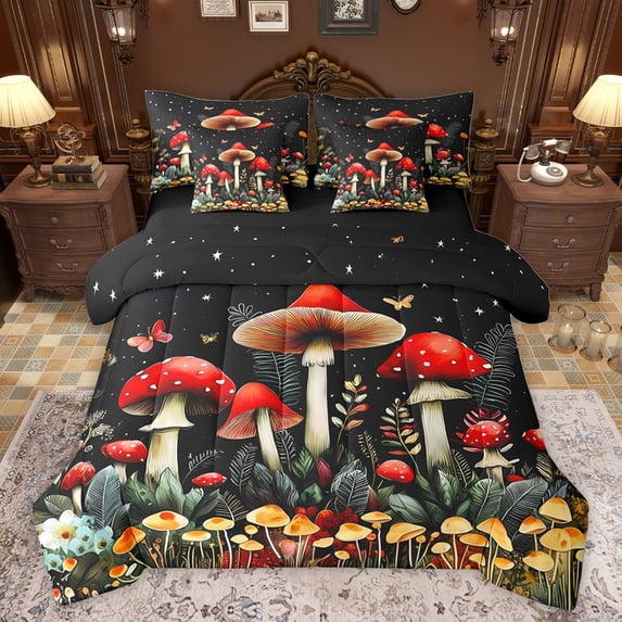 jejeloiu Colorful Fungus 7-Piece Twin Bedding Sets,Red Brown Mushroom Bedding Comforter Set,Rustic Flower Floral Sheet Sets For Girls,Breathable Home Decor Reversible