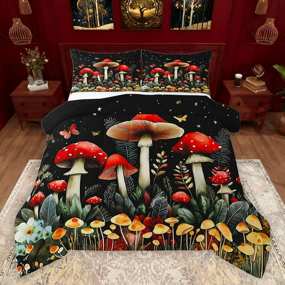 jejeloiu Colorful Fungus Bedding Comforter Set,Red Brown Mushroom Twin Comforter Sets,Rustic Flower Floral Bedding Set For Girls,Breathable Home Decor Reversible,2 Pieces