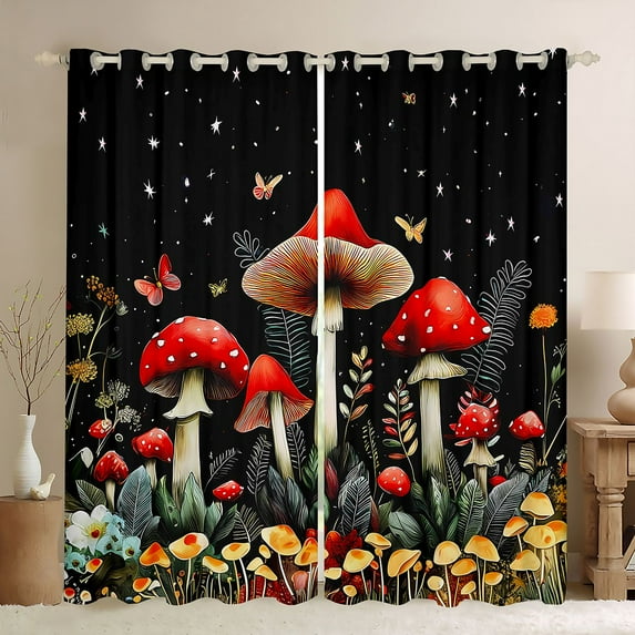 jejeloiu Colorful Fungus Black Out Curtains,Red Brown Mushroom Curtains Pack of 2 (42x63 Each),Rustic Flower Floral Bedroom Curtains For Girls,Breathable Home Decor