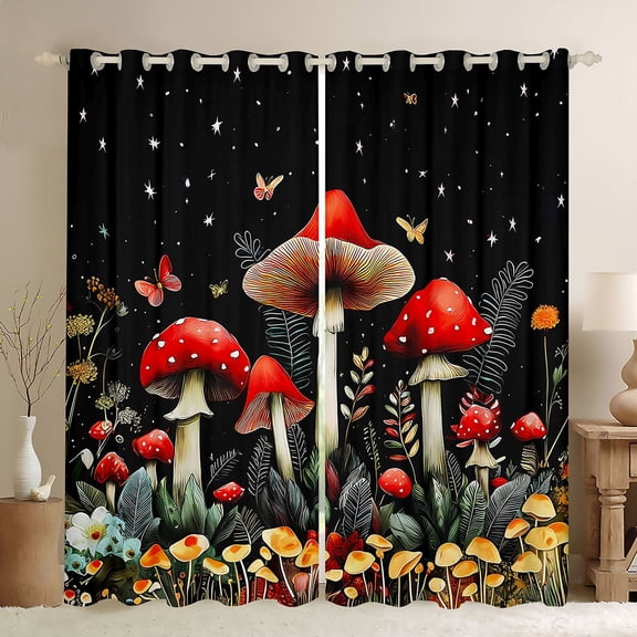 jejeloiu Colorful Fungus Black Out Curtains,Red Brown Mushroom Curtains Pack of 2 (42x63 Each),Rustic Flower Floral Bedroom Curtains For Girls,Breathable Home Decor