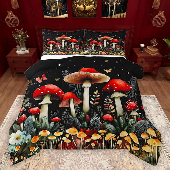 jejeloiu Colorful Fungus Full Size Comforter Sets,Red Brown Mushroom Bedding Comforter Set,Rustic Flower Floral Bedding Sets For Girls,Breathable Home Decor Reversible,3pcs