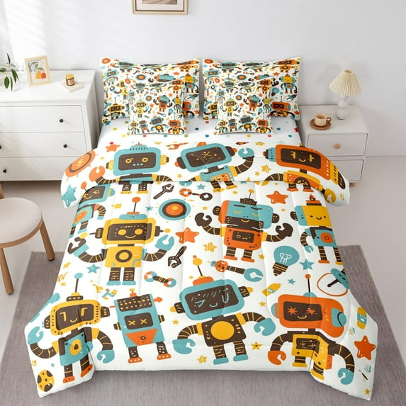jejeloiu Colorful Funny Machine Bedding Comforter Set 7 Pieces,Cartoon Super Robot Full Bedding Set,Yellow Orange Stars Fitted Sheet Flat Sheet For Childrens,Super Cozy Room Decor Reversible