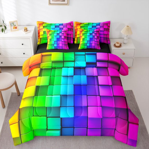 jejeloiu Colorful Geometric Plaid 7-Piece Bedding Comforter Set,Rainbow Grid Checkered King Bedding Sets,Modern Abstract Desgin Bed Sheets For Kids,Microfiber Bedroom Decor Reversible