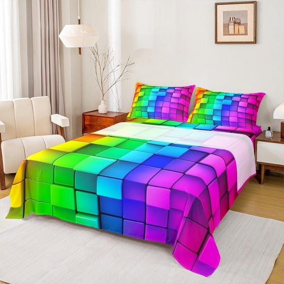 jejeloiu Colorful Geometric Plaid Bed Sheets,Rainbow Grid Checkered King Sheets,Modern Abstract Desgin Sheet Set For Kids,Microfiber Bedroom Decor,4pcs