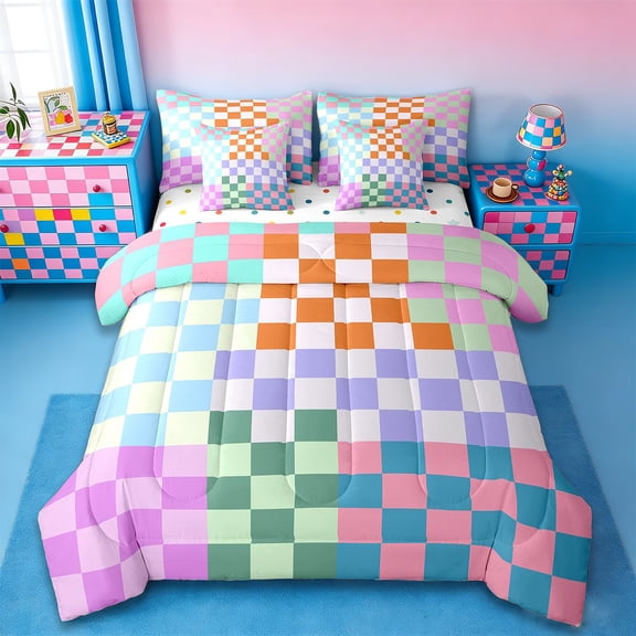 jejeloiu Colorful Geometric Plaid Bedding Comforter Set,7-Piece,Modern Geometric Art King Bedding Sets,Abstract Pixel Grid Bed Sheets,Breathable Room Decor Reversible