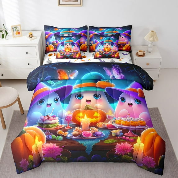jejeloiu Colorful Ghost Halloween Pumpkin Lantern Sweet Dessert Cake Queen Comforter Sheet Set,Reversible Ultra Soft Girls Bedding,7pcs