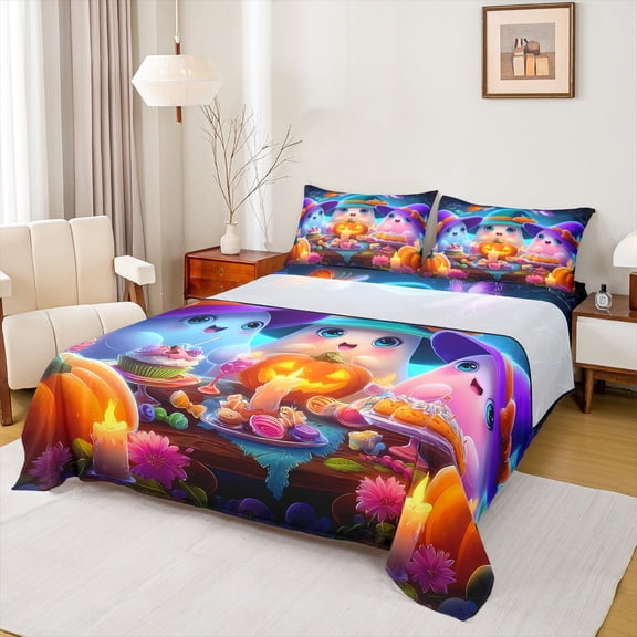 jejeloiu Colorful Ghost Halloween Pumpkin Lantern Sweet Dessert Cake Twin Sheet Set,Ultra Soft Girls Bedding,3pcs