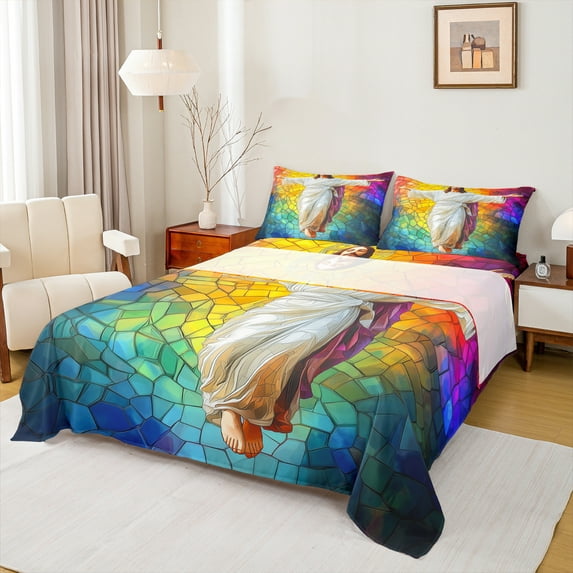 jejeloiu Colorful Glass Queen Sheet Set (4-Piece) Merry Xmas Cozy Decor
