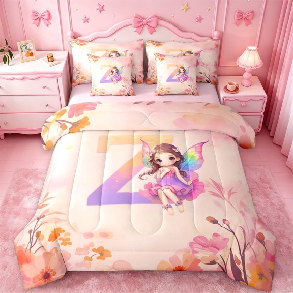 jejeloiu Colorful Gradient Monogram Z 7-Piece Twin Bedding Sets For Girls,Pastel Flower Bedding Comforter Set For Kids,Pink Reversible