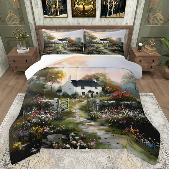 jejeloiu Colorful Graffiti Flowers Queen Comforter Set,Country Farmhouse Lodge Bedding Sets,Oil Painting Art Bedding Comforter Set For Teens,Breathable Home Decor,3-Piece