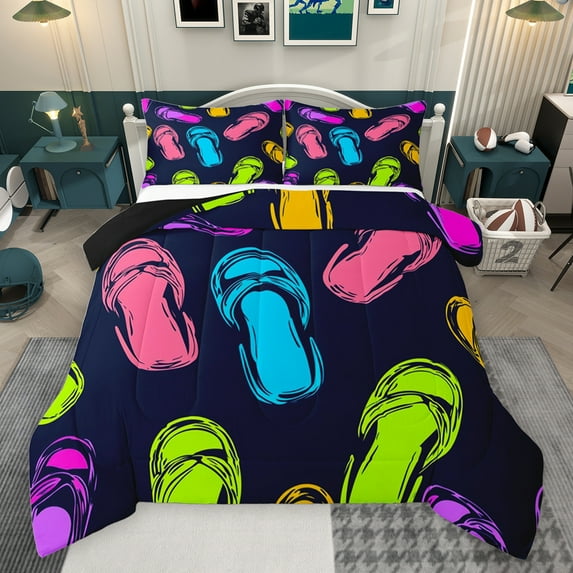 jejeloiu Colorful Graffiti Slipper Queen Comforter Set,Modern Watercolor Aesthetic Bedding Sets,Cartoon Funny Pattern Bedding Comforter Set For Boys Girls,Microfiber Bedroom Decor Reversible,3 Pieces