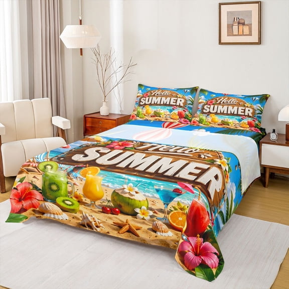 jejeloiu Colorful Hello Summer Bed Sheets,Sea Beach Floral Full Size Sheets For Boys,Multicolor,4pcs,1 Flat Sheet, 1 Fitted Sheet and 2 Pillowcases