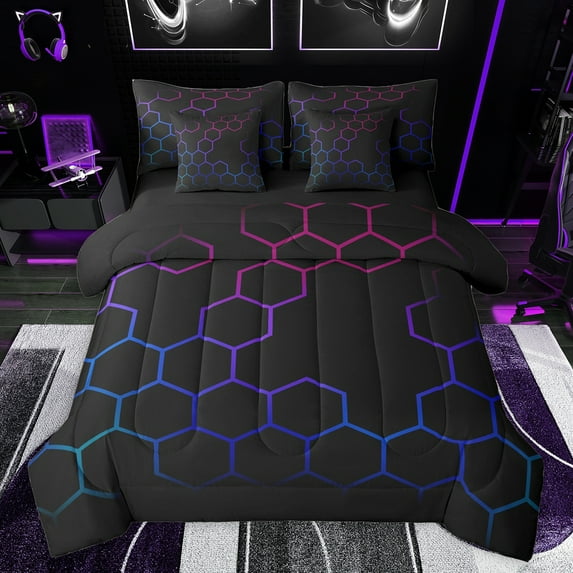 jejeloiu Colorful Hexagon Honeycomb 7-Piece Twin Bedding Sets,Modern Abstract Geometric Bedding Comforter Set,Multicolor Ombre Sheet Sets For Men Women,Ultra Soft Home Decor Reversible