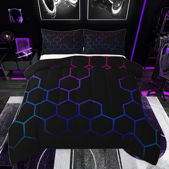 jejeloiu Colorful Hexagon Honeycomb Bedding Comforter Set,Modern Abstract Geometric Twin Comforter Sets,Multicolor Ombre Bedding Set For Men Women,Ultra Soft Home Decor Reversible,2pcs