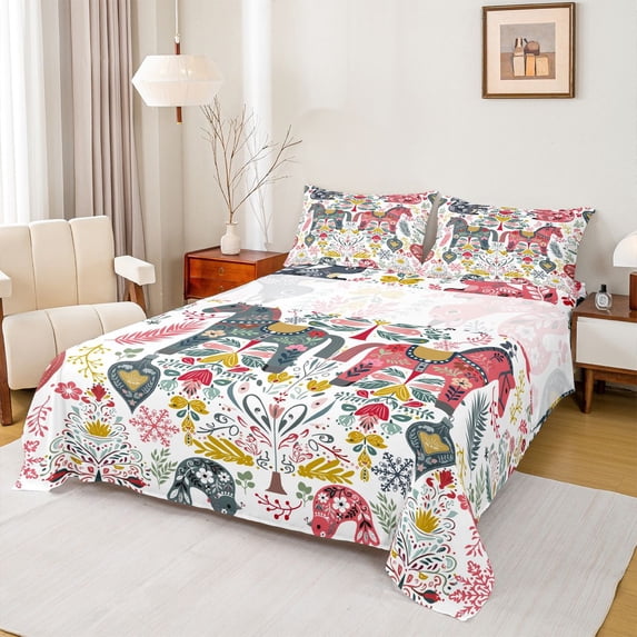jejeloiu Colorful Horse Floral Twin Sheet Sets,Retro Boho Flower Bedding For Boys Girls 3-Piece