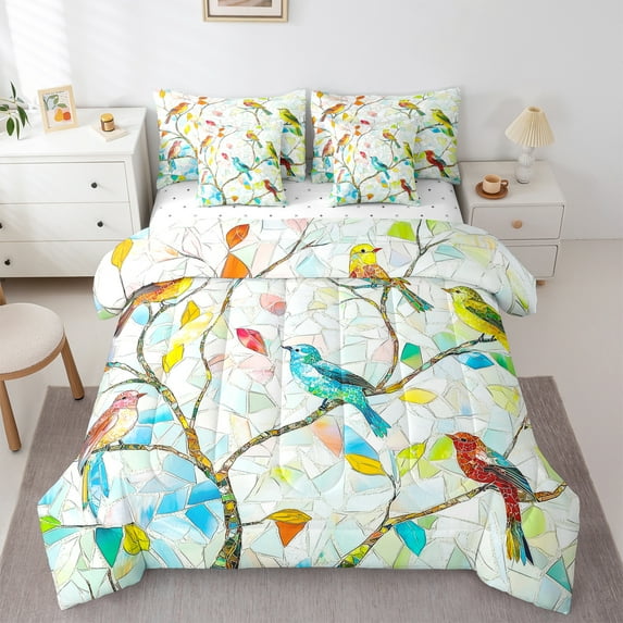 jejeloiu Colorful Hummingbird 7-Piece Bedding Comforter Set,Rainbow Glass Art King Bedding Sets,Modern Aesthetic Deagin Bed Sheets For Girl Teens,Breathable Home Decor Reversible