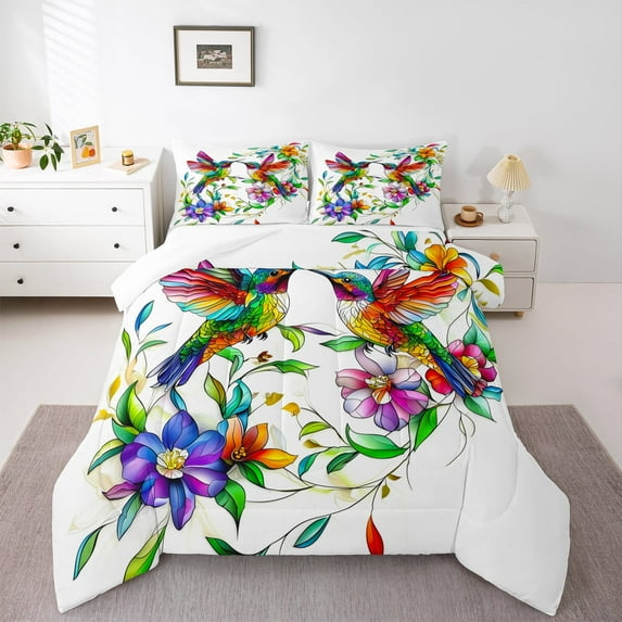 jejeloiu Colorful Hummingbird Bedding Comforter Set,Rustic Flower Twin Comforter Sets,Ancient Aesthetic Artwork Bedding Set For Girl Teens,Breathable Home Decor,2pcs