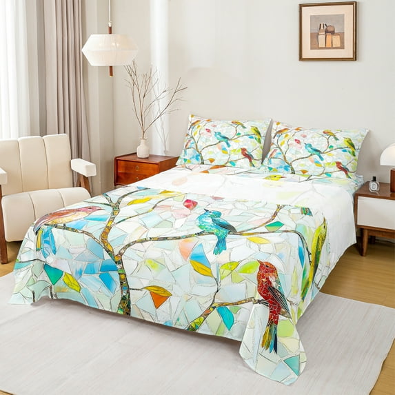 jejeloiu Colorful Hummingbird Full Size Sheets,Rainbow Glass Art Bed Sheets,Modern Aesthetic Deagin Sheet Sets For Girl Teens,Breathable Home Decor,4pcs