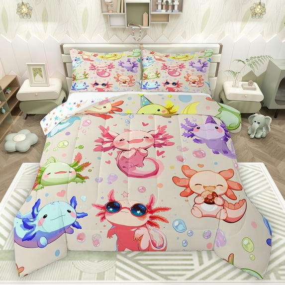 jejeloiu Colorful Kawaii Axolotl Full Size Comforter Sets,Watercolor Balloon Bedding Comforter Set,Multicolor Cartoon Salamander Bedding Sets For Kids,Super Cozy Room Decor Reversible,3-Piece