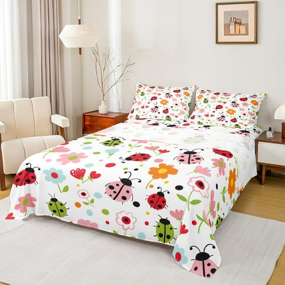 jejeloiu Colorful Kawaii Ladybug Queen Sheet Sets,Multyicolor Flower Floral Flat Sheet,Rustic Farmhouse Cabin Queen Fitted Sheet For Children,Luxury Bedroom Decor,4-Piece