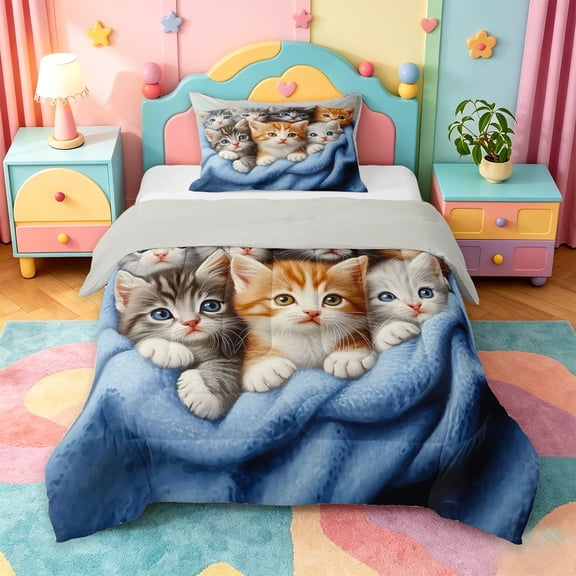 jejeloiu Colorful Kitten Twin Comforter Sets Kids,Cute Pet Animals Bedding Set,Reversible,2 Pieces