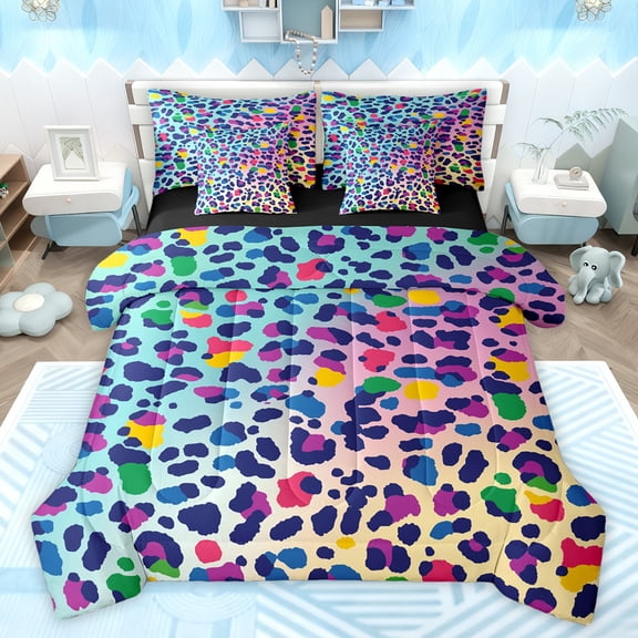 jejeloiu Colorful Leopard Pattern 7-Piece Bedding Comforter Set,Wild Cheetah Animal King Bedding Sets,Gradient Blue Yellow Pink Bed Sheets For Girl Kids,Luxury Bedroom Decor Reversible