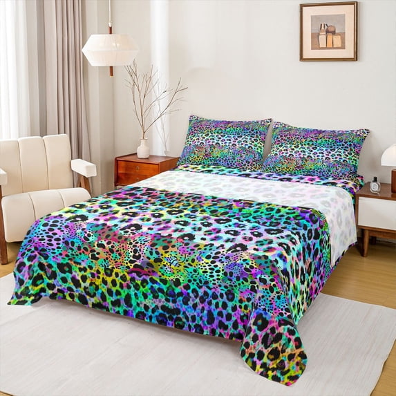 jejeloiu Colorful Leopard Pattern Bed Sheets,Jungle Cheetah Animal King Sheets,Gradient Multicolor Sheet Set For Girl Kids,Luxury Bedroom Decor,4 Pieces
