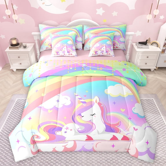 jejeloiu Colorful Lovely Unicorn 7-Piece Twin Bedding Sets,Fairy Tale Theme Bedding Comforter Set,Cute Rainbow Stars Sheet Sets For Girl Teens,Luxury Bedroom Decor Reversible