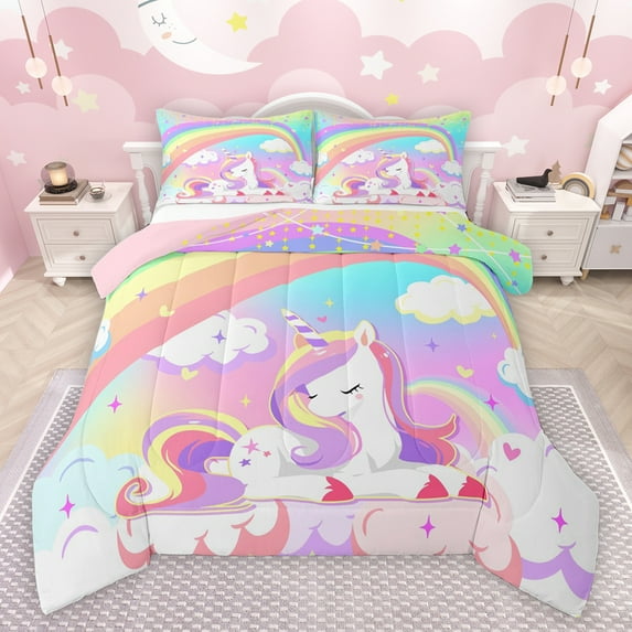jejeloiu Colorful Lovely Unicorn Bedding Comforter Set,Fairy Tale Theme Twin Comforter Sets,Cute Rainbow Stars Bedding Set For Girl Teens,Luxury Bedroom Decor Reversible,2-Piece