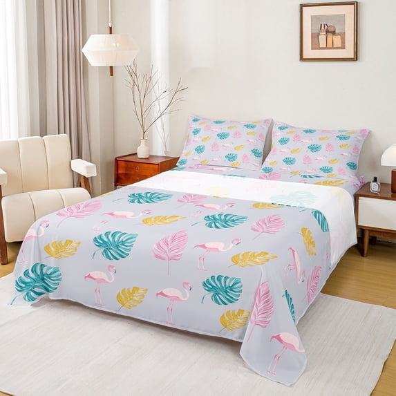 jejeloiu Colorful Monstera Leaf Twin Sheet Sets,Cute Flamingo Bedding For Kids 3-Piece