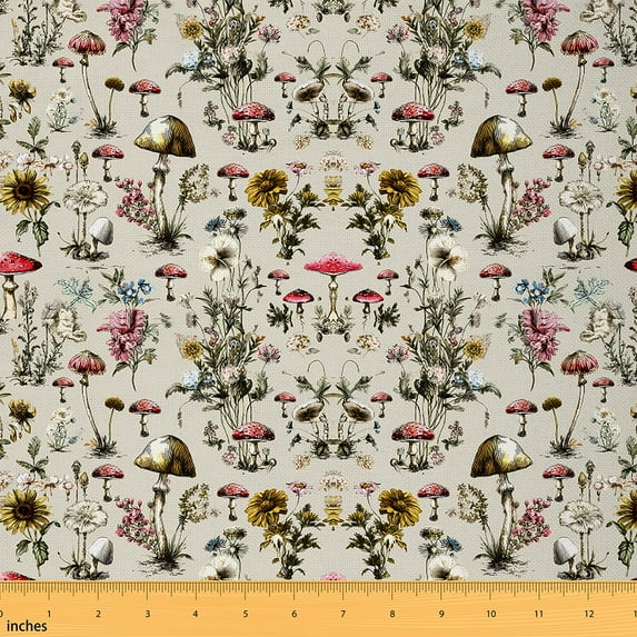 jejeloiu Colorful Mushroom Fabric by the Yard 2 Yards,Rustic Flower Floral Room Decor Fabric by the Yard,Retro Daisy Fabric for Sewing For Girl Child,Microfiber Bedroom Decor